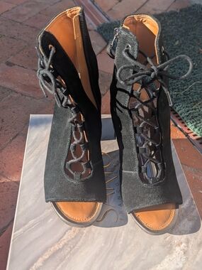 Franco Sarto Black Suede Lace-Up Open-Toe Block Heels